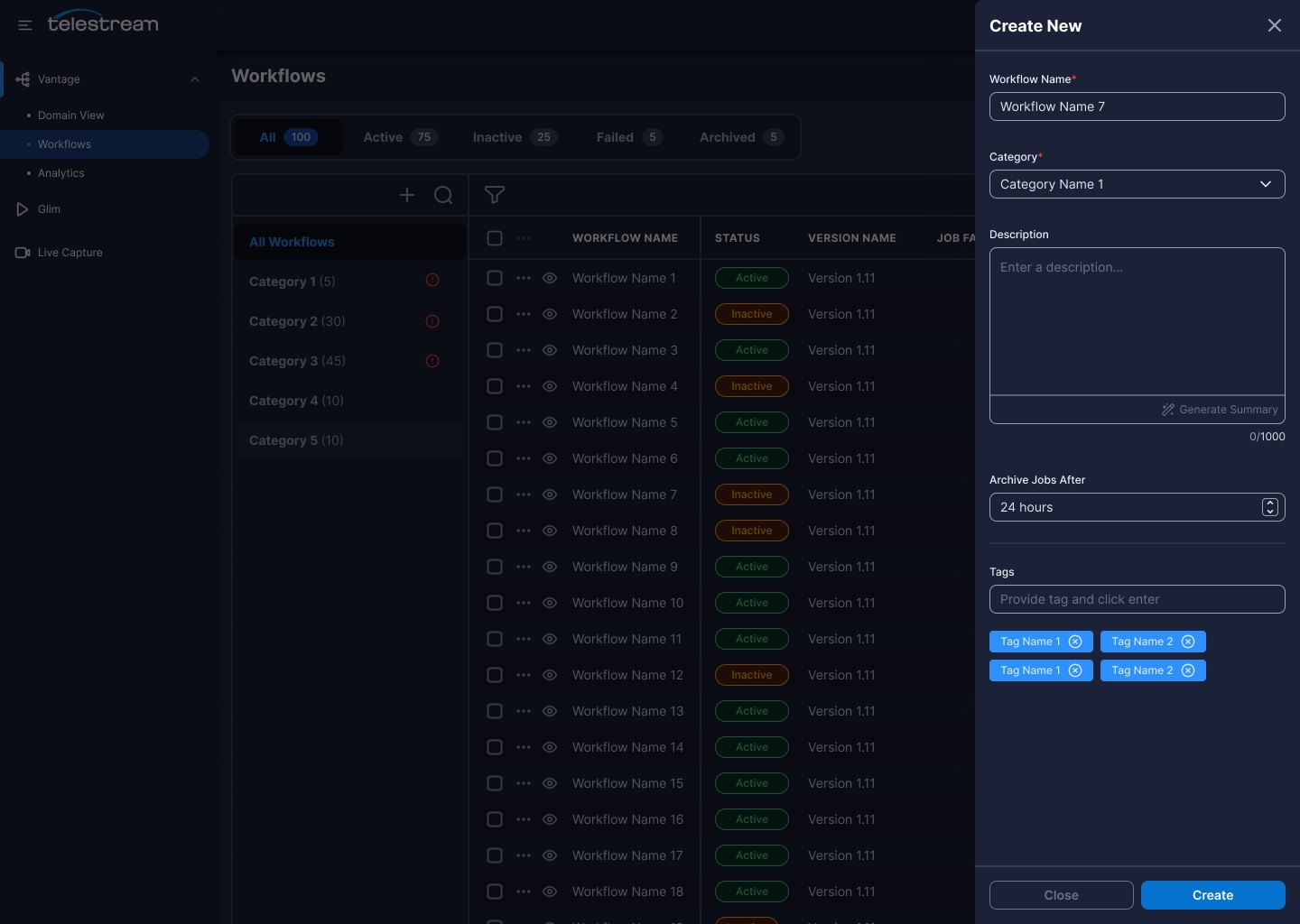 Create New workflow panel with fields for name, category, description with generate summary, job archiving and tags.