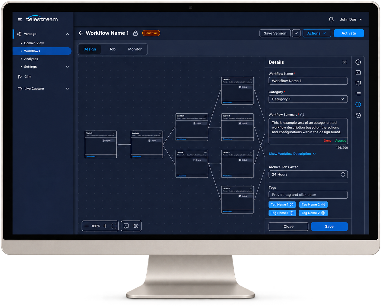 The redesigned Vantage workflow designer displayed in a light champagne-silver desktop computer mockup.