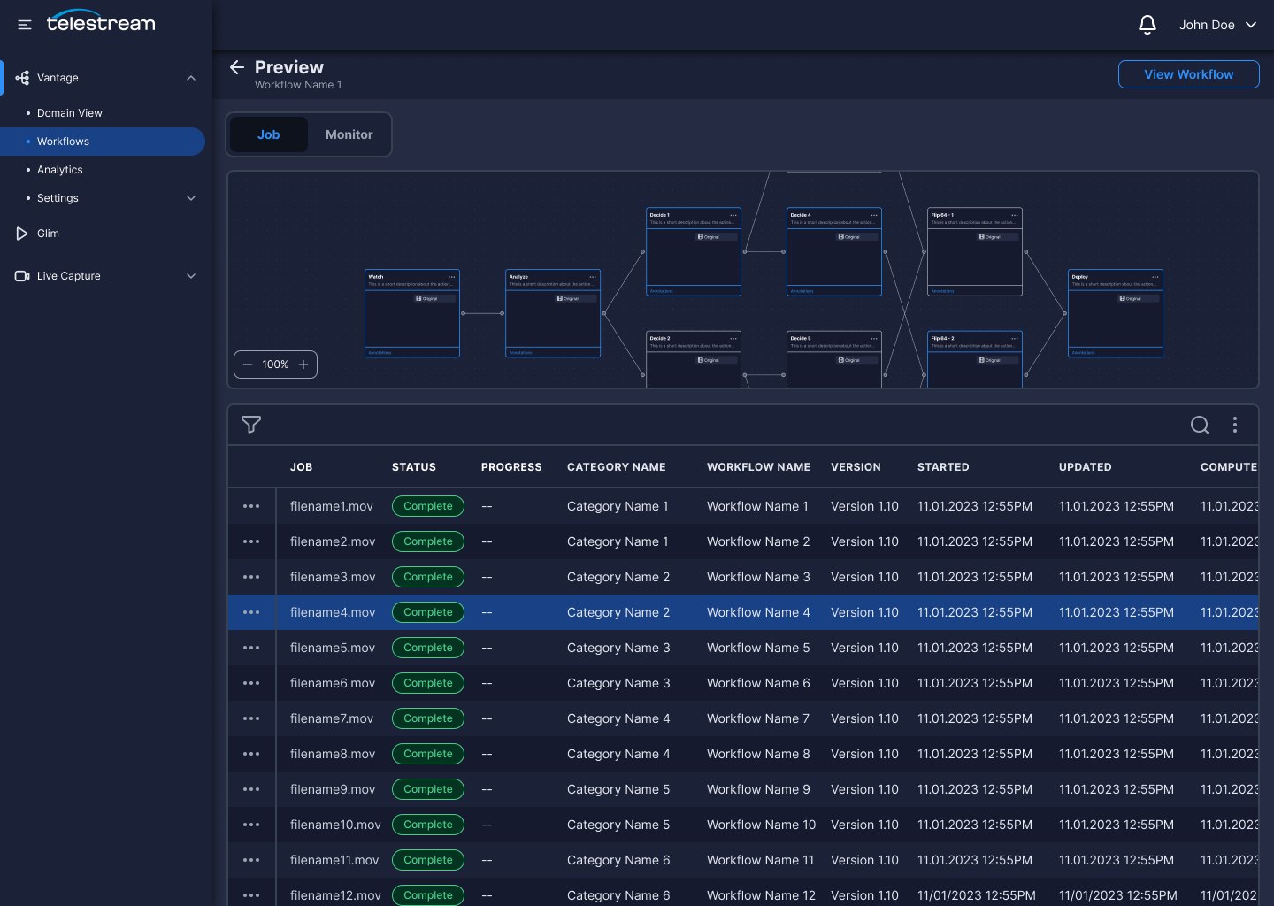 Workflow preview showing the workflow design above a job table with status, progress, category, version and timestamps.