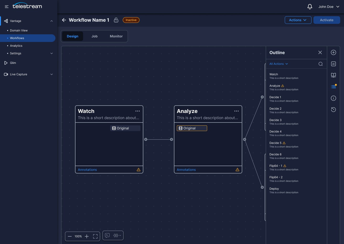 Outline panel with warning icons marking the actions that are in an error state and need attention.