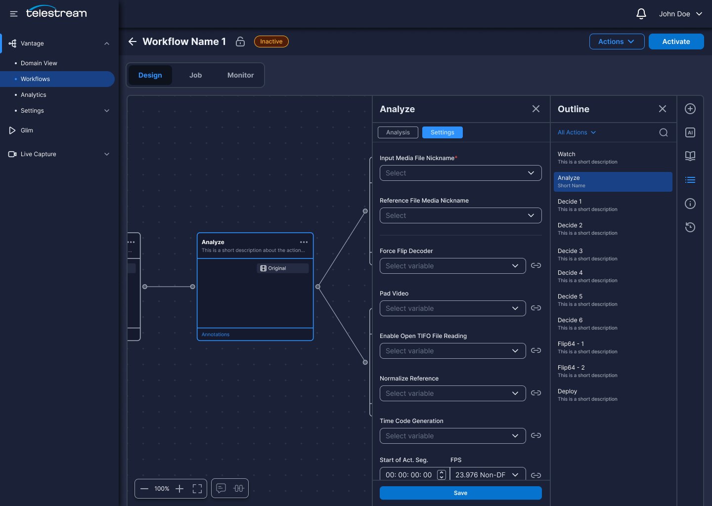 Outline panel listing every action in the workflow next to the open Analyze configuration settings.