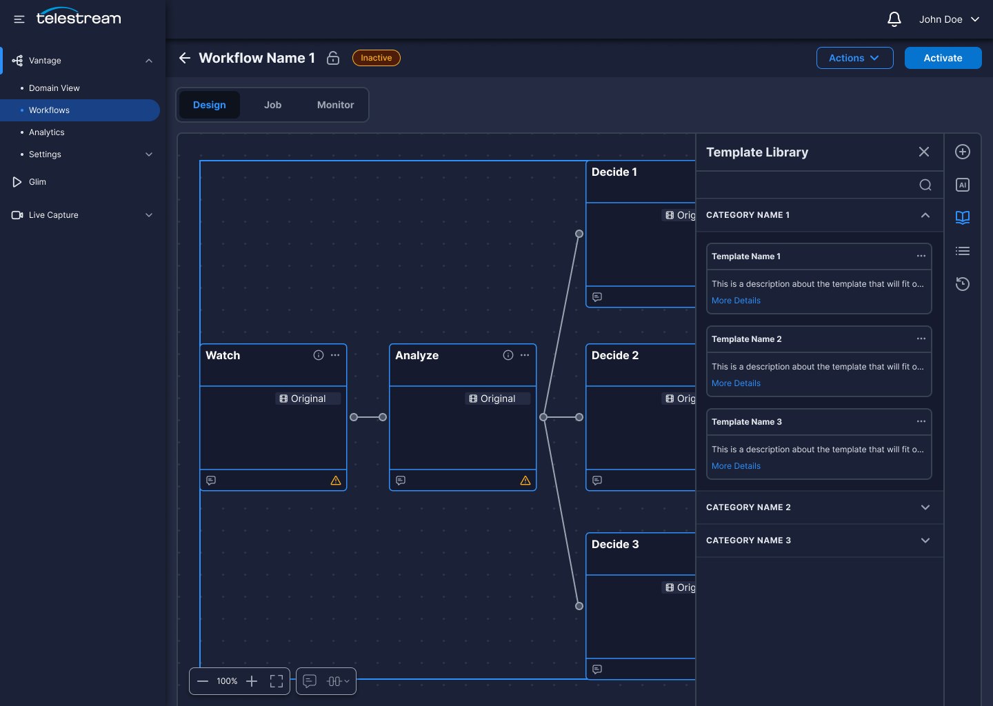 The design canvas populated with a workflow built from a dropped template.