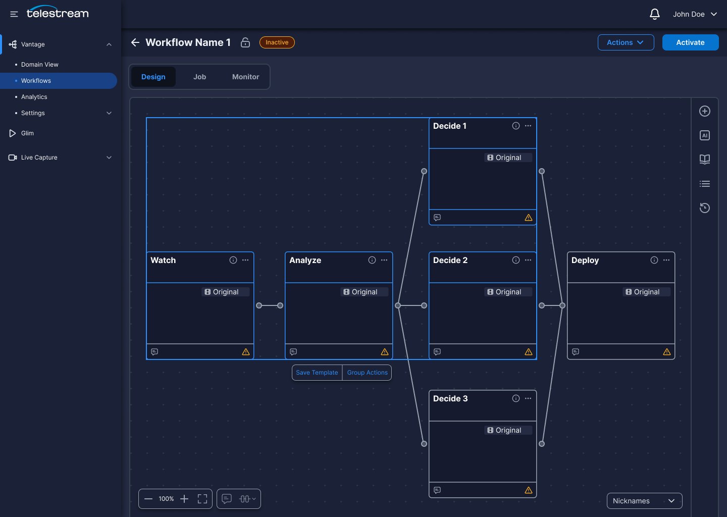 A group of actions selected on the design canvas with Save Template and Group Actions options.