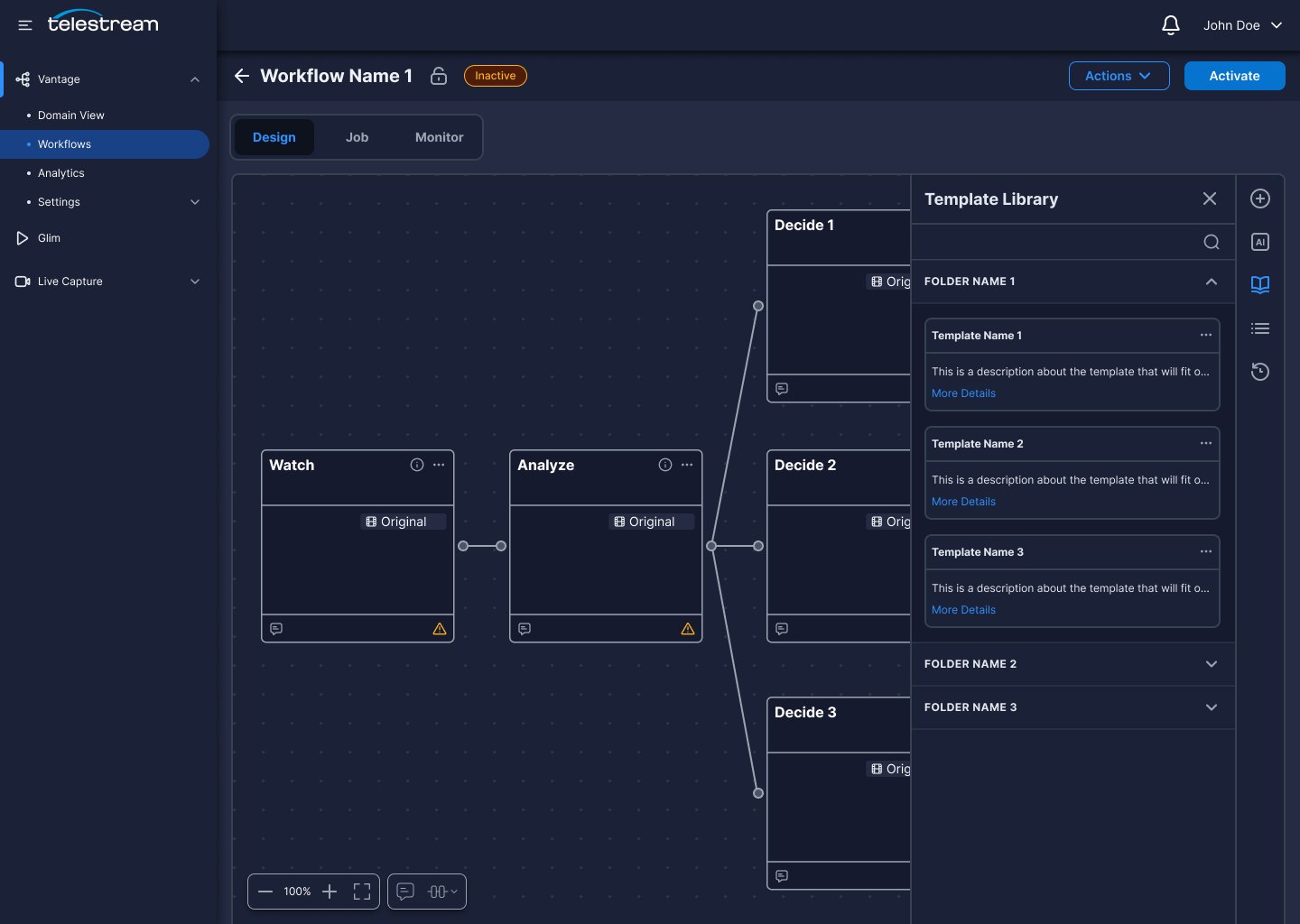 Template Library panel showing templates grouped into folders with descriptions and more detail links.