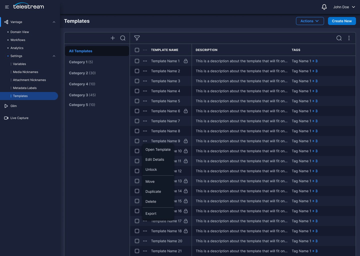 Templates management view in Settings, listing every template with description, tags and row actions.